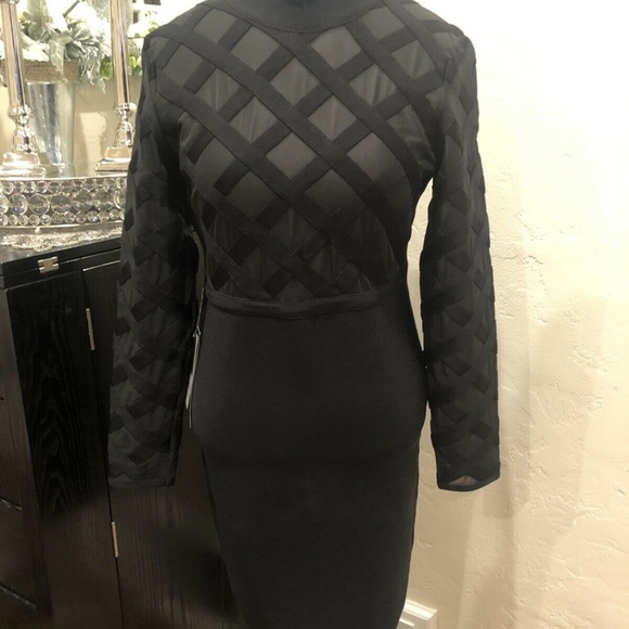 BEBE Mesh Criss Cross Mock Black Bodycon Dress - Picture 6 of 6